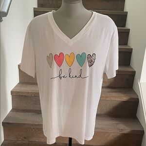 White V-Neck Tee with Colorful Heart Row and "be kind" Script